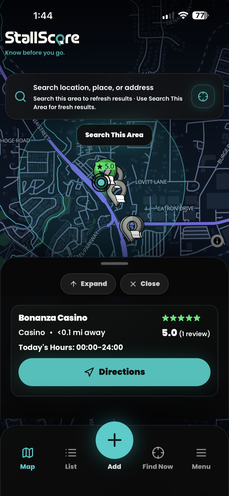 Bonanza Casino shown in StallScore with a five-star restroom rating