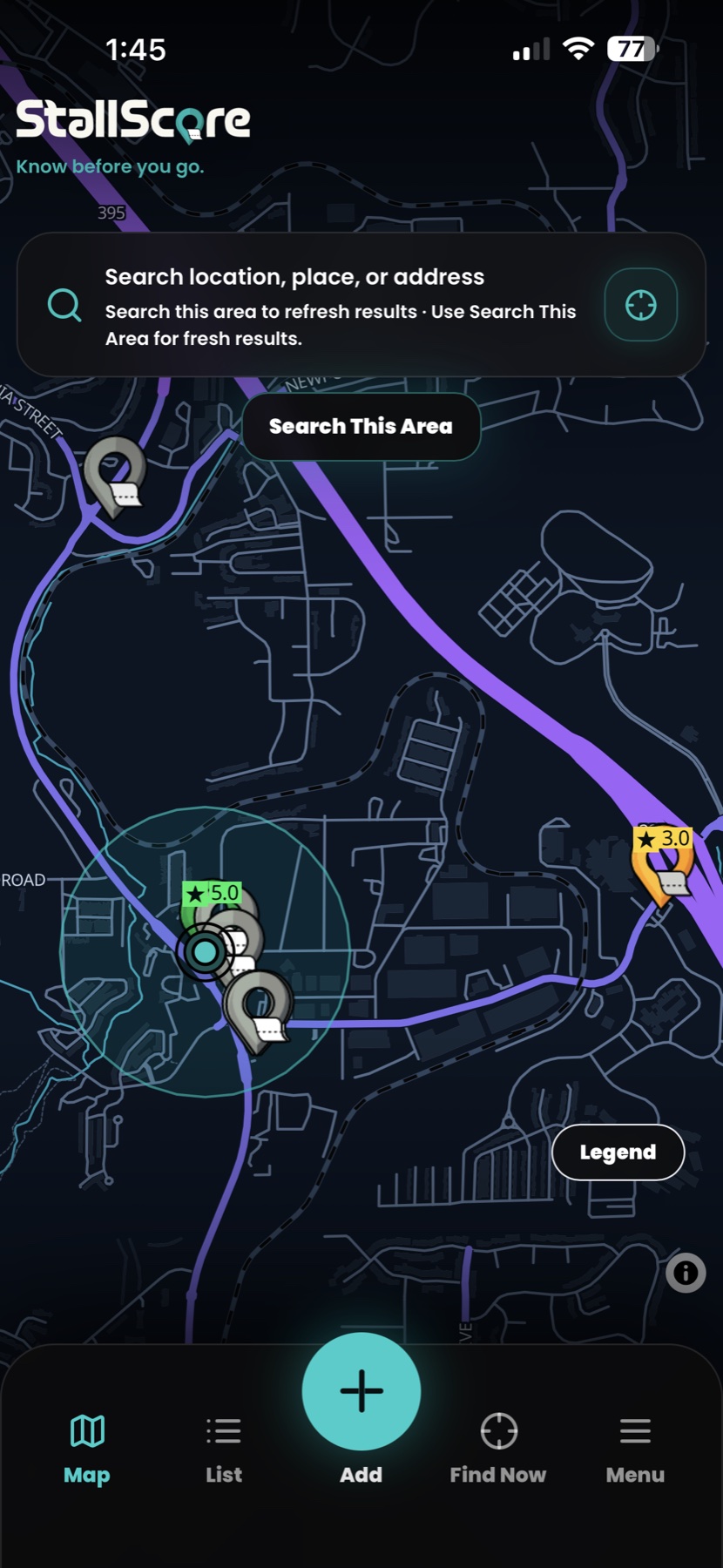 StallScore map showing Bonanza Casino and nearby color-coded restroom pins