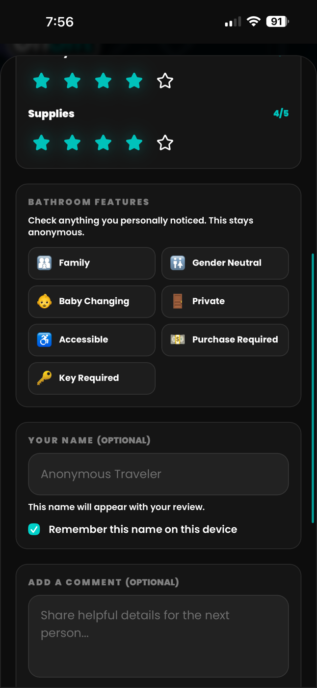 StallScore anonymous review flow